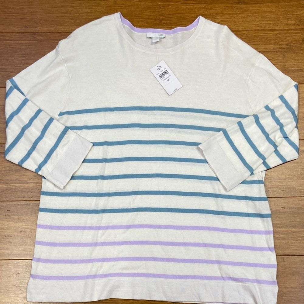 NWT J.Jill Cotton Knit Blue and Purple Striped Light Weight Sweater size Medium